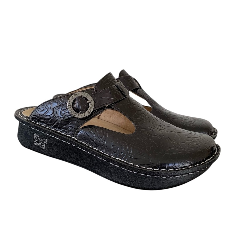 Alegria Black Floral Embossed Leather Clogs